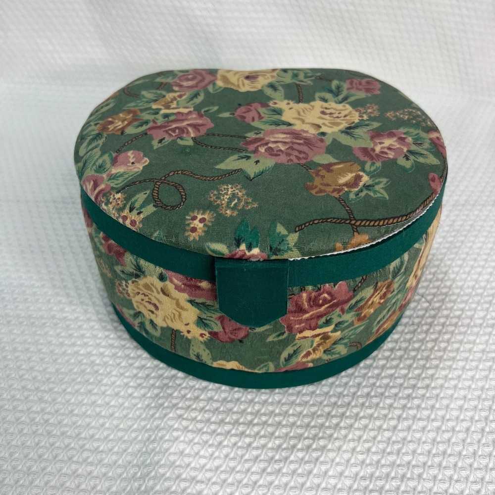 VTG Sewing/Jewelry Box Flip Up Lid Green Floral Print Lace Trim Keepsake Box